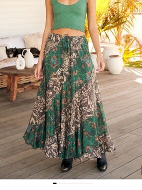Free People Jackie Maxi Skirt - Green & Brown Floral Patchwork